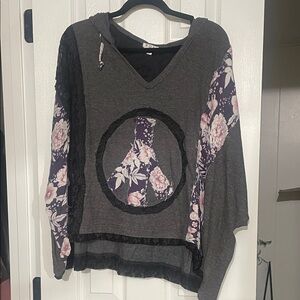 POL Gray and Purple Floral Peace Hoodie